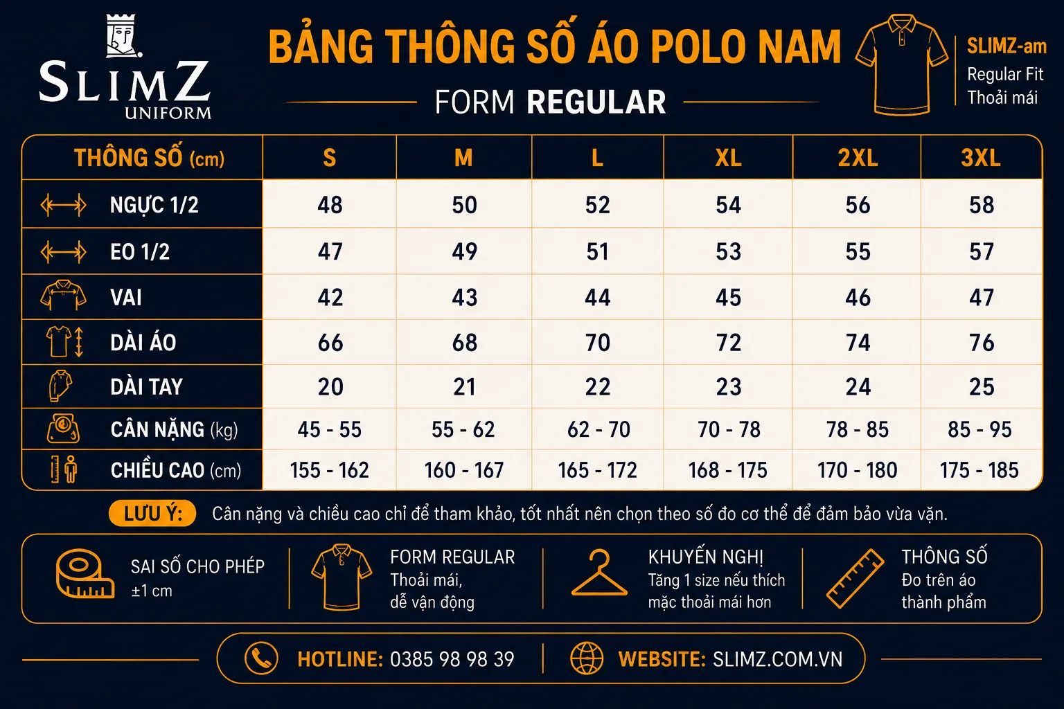 Bảng size đồng phục Polo Nam
