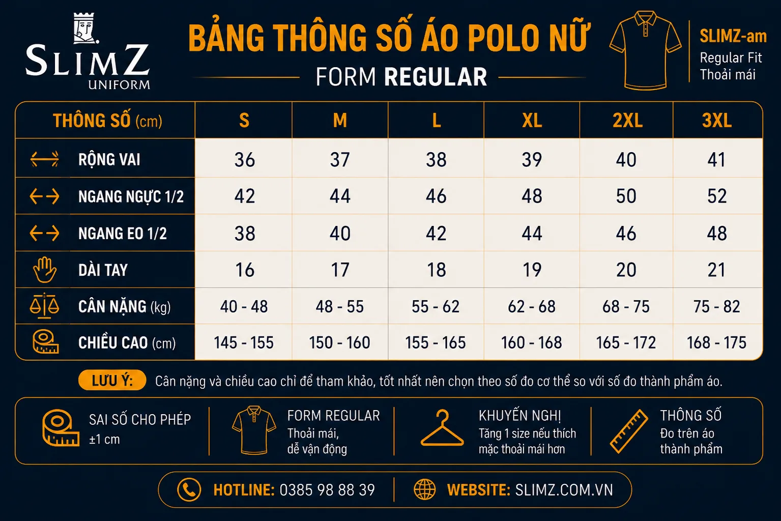 Bảng size đồng phục Polo Nữ