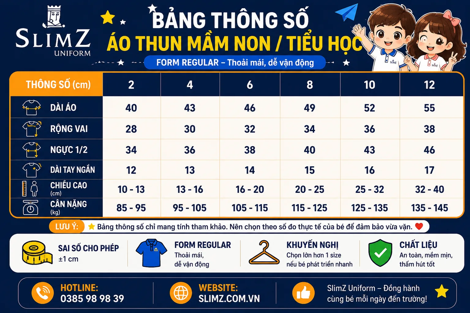 Bảng size đồng phục mầm non/tiểu học