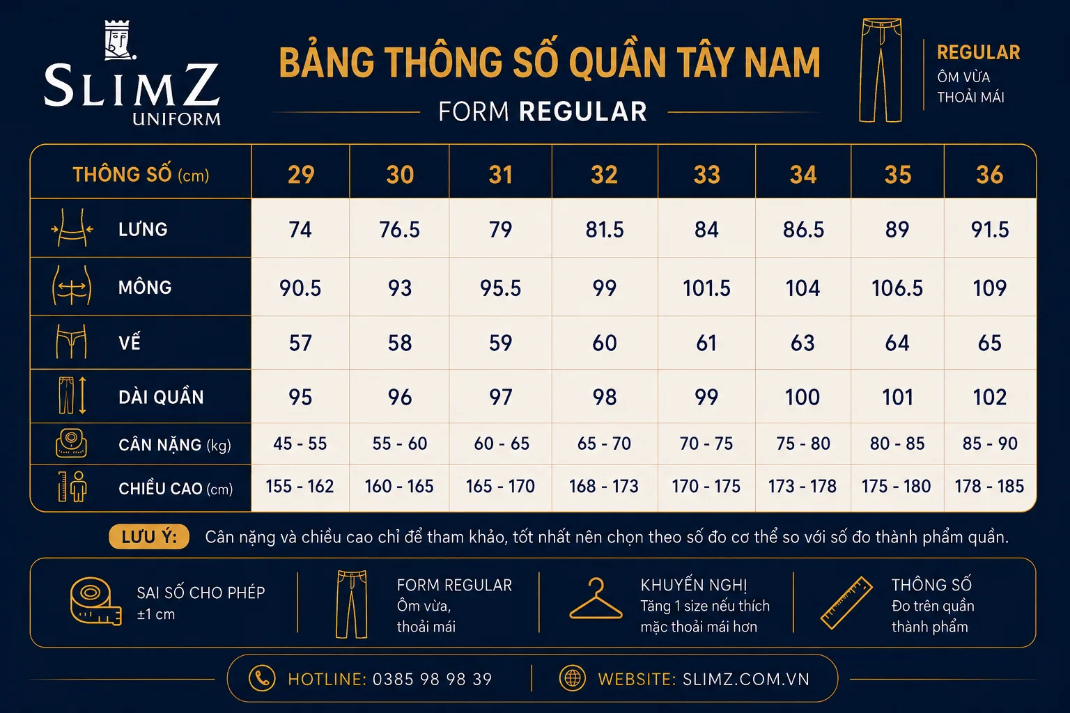 Bảng size đồng phục quần tây nam